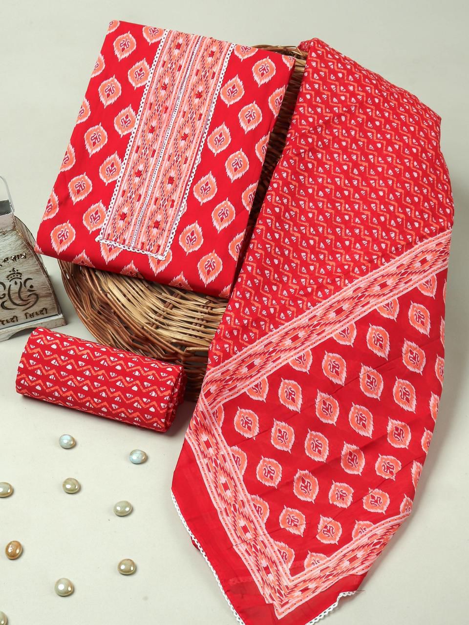 Bright Red Jaipuri Cotton Suit Set with Printed Dupatta