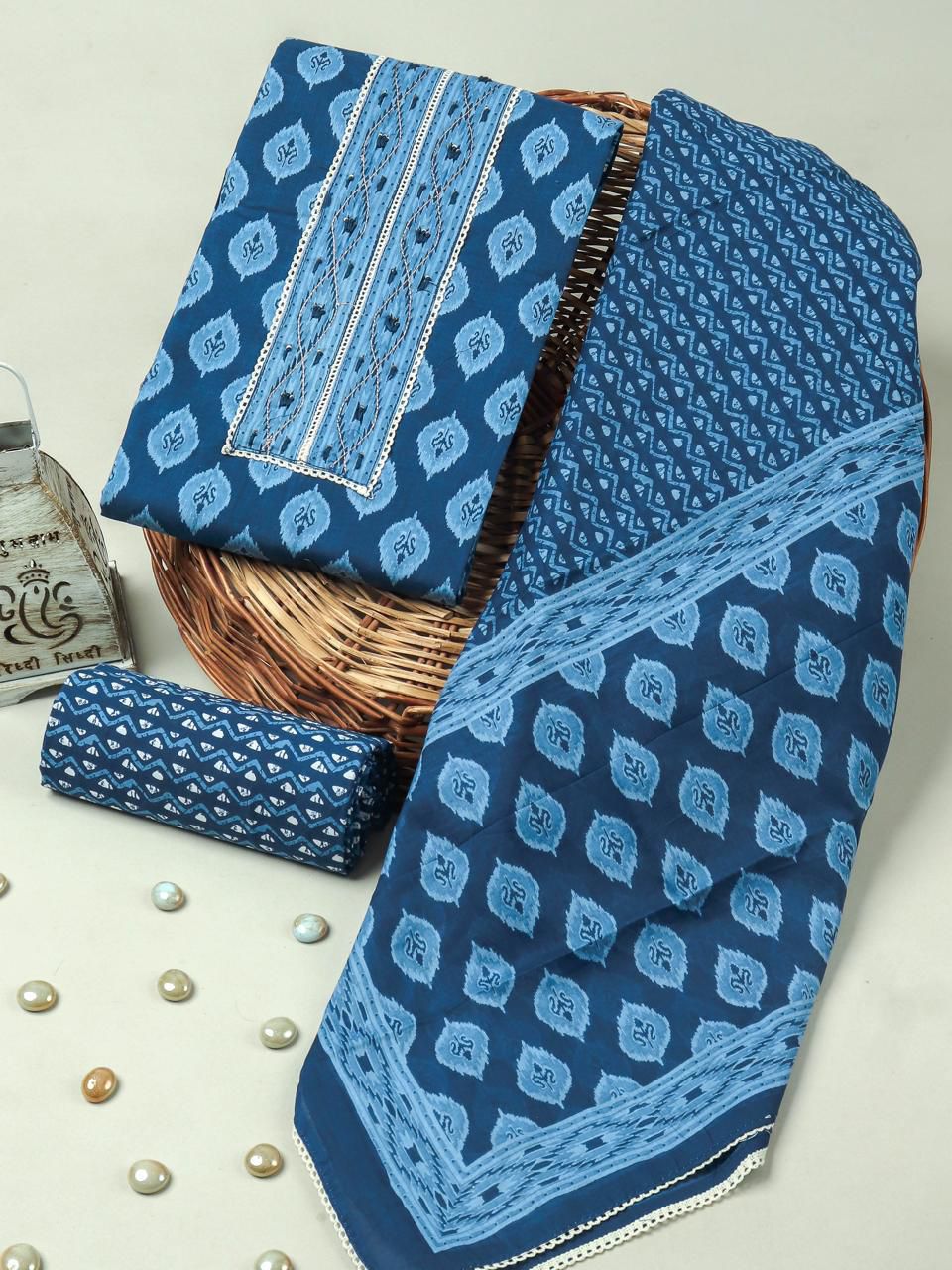 Indigo Blue Handblock Print Cotton Suit with Cotton Dupatta