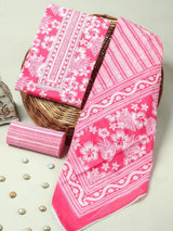Pink Floral Handblock Print Cotton Suit with Cotton Dupatta