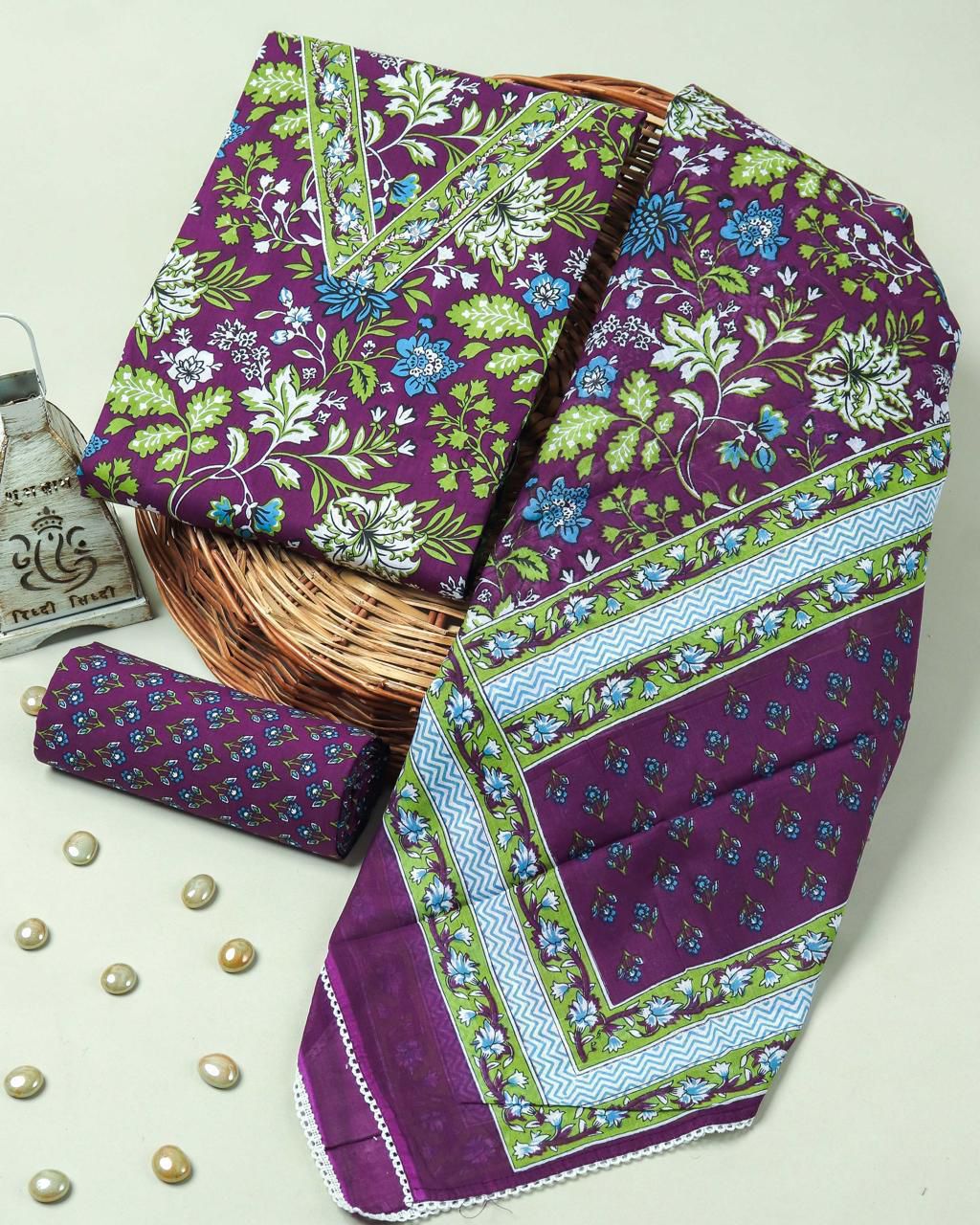 Purple Floral Handblock Print Cotton Suit with Cotton Dupatta