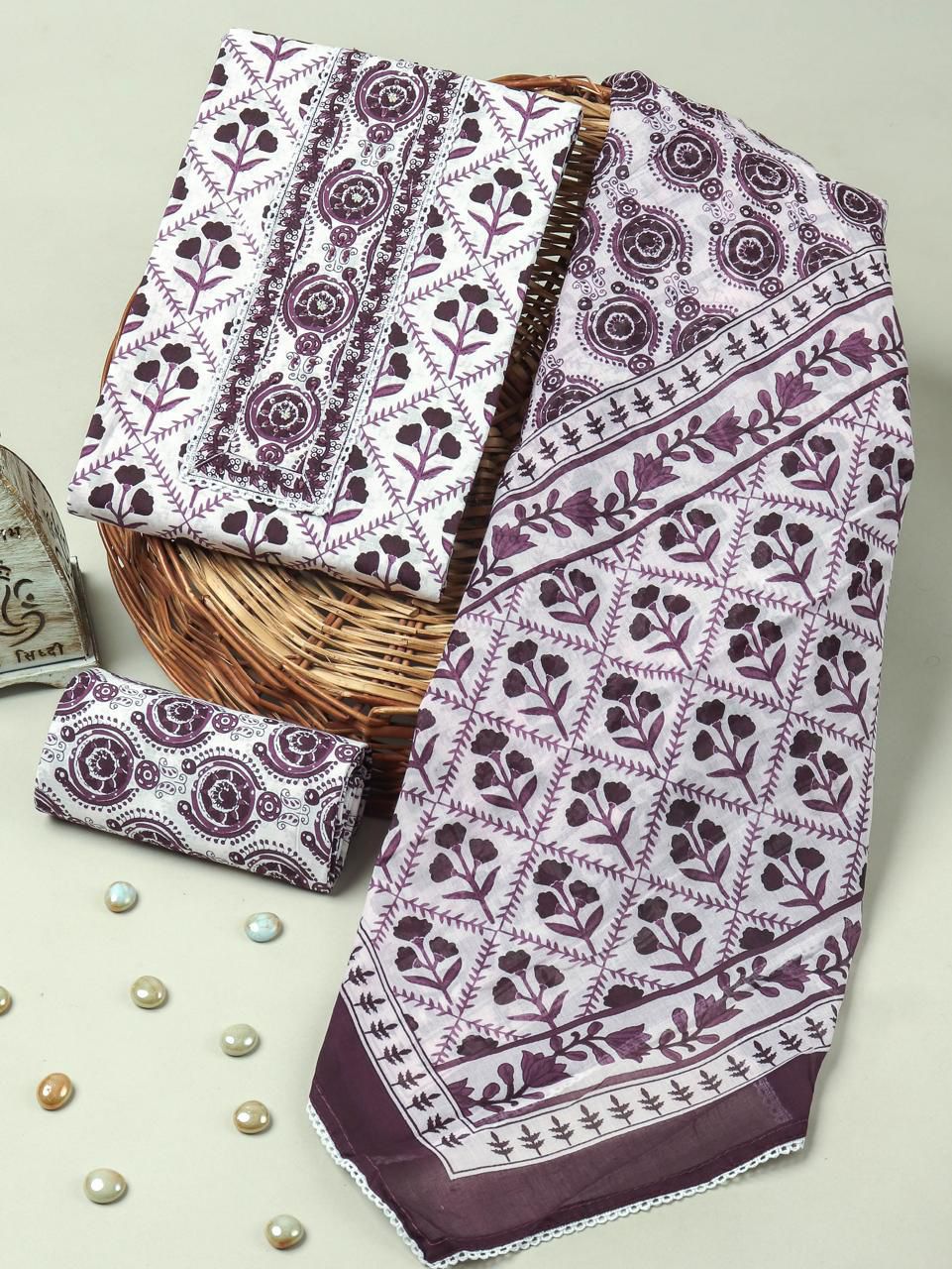 Purple Floral Handblock Print Cotton Suit with Cotton Dupatta
