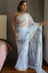 Hand Brush Painted Chiffon Saree with Blouse ( CIA17)