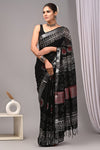 HAND BLOCK BLACK & WHITE PRINTED COTTON LINEN SAREE WITH BLOUSE(LCS34)