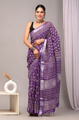 HAND BLOCK BLACK & WHITE PRINTED COTTON LINEN SAREE WITH BLOUSE(LCS35)