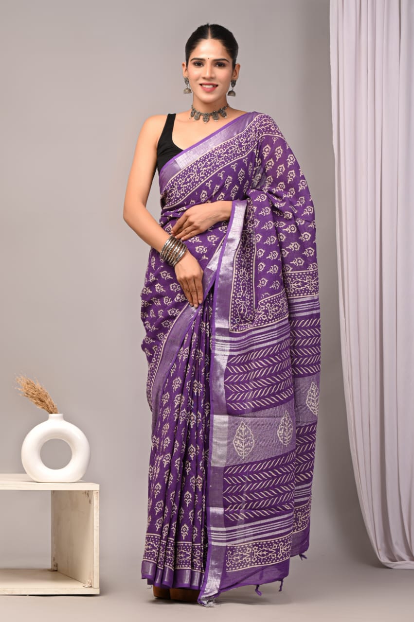 HAND BLOCK BLACK & WHITE PRINTED COTTON LINEN SAREE WITH BLOUSE(LCS35)