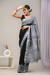 HAND BLOCK BLACK & WHITE PRINTED COTTON LINEN SAREE WITH BLOUSE(LCS44)