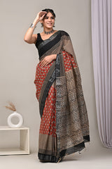 HAND BLOCK BLACK & WHITE PRINTED COTTON LINEN SAREE WITH BLOUSE(LCS48)