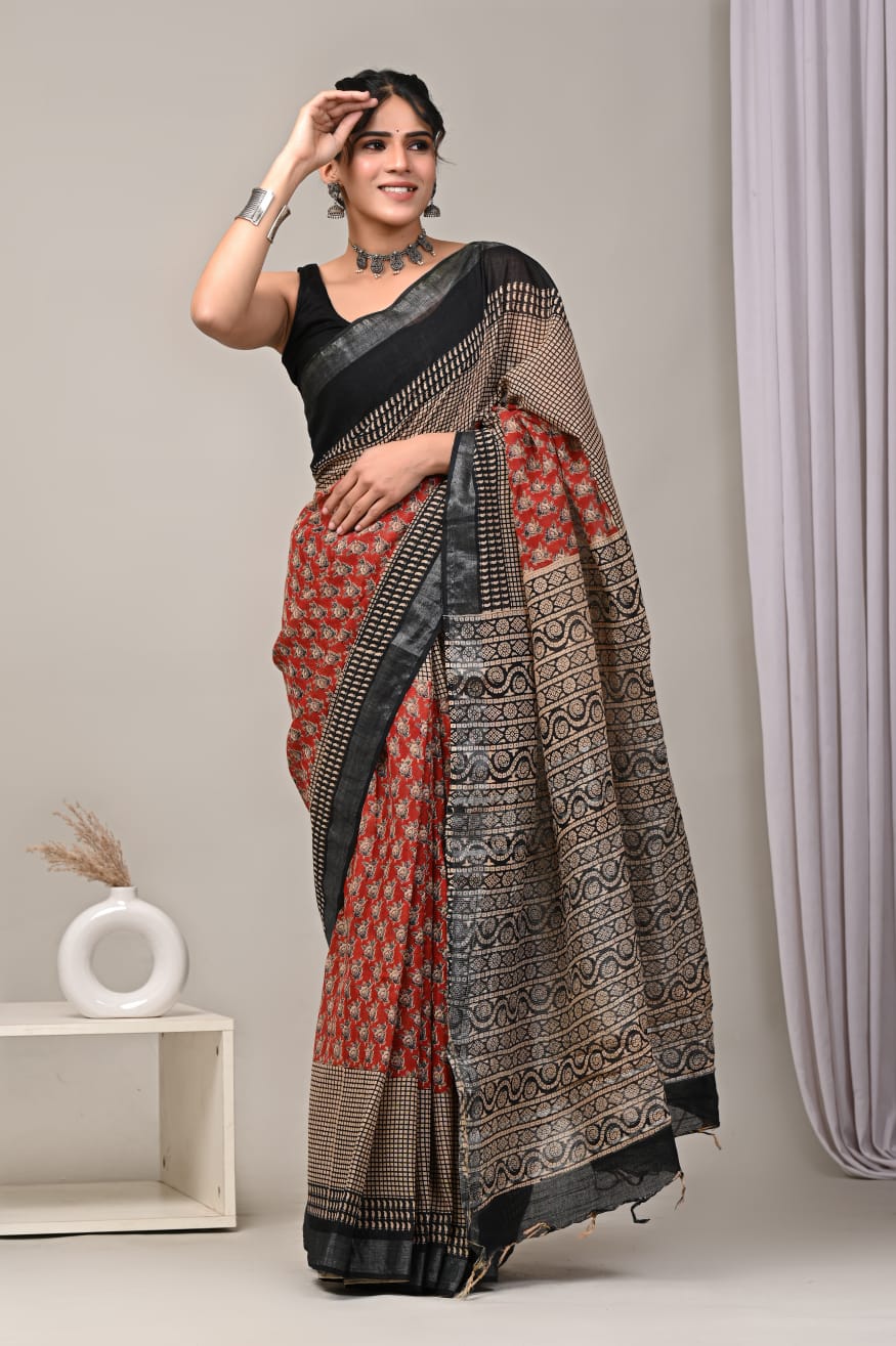 HAND BLOCK BLACK & WHITE PRINTED COTTON LINEN SAREE WITH BLOUSE(LCS48)