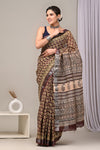 HAND BLOCK BLACK & WHITE PRINTED COTTON LINEN SAREE WITH BLOUSE(LCS53)