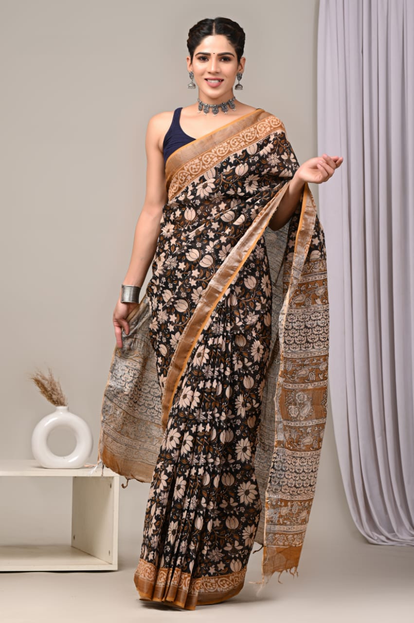 HAND BLOCK BLACK & WHITE PRINTED COTTON LINEN SAREE WITH BLOUSE(LCS58)