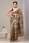 HAND BLOCK BLACK & WHITE PRINTED COTTON LINEN SAREE WITH BLOUSE(LCS60)