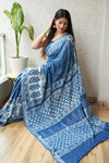 HAND BLOCK BLACK & WHITE PRINTED COTTON LINEN SAREE WITH BLOUSE(LCS70)