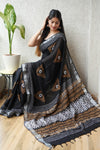 HAND BLOCK BLACK & WHITE PRINTED COTTON LINEN SAREE WITH BLOUSE(LCS77)