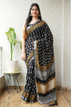 HAND BLOCK BLACK & WHITE PRINTED COTTON LINEN SAREE WITH BLOUSE(LCS80)