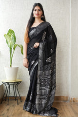HAND BLOCK BLACK & WHITE PRINTED COTTON LINEN SAREE WITH BLOUSE(LCS81)