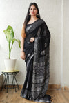 HAND BLOCK BLACK & WHITE PRINTED COTTON LINEN SAREE WITH BLOUSE(LCS81)