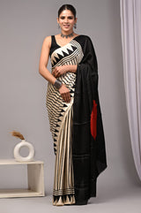 Ajrakh Hand Block Bagru Vanspati Printend Modal Silk Saree with Blouse (CID40)