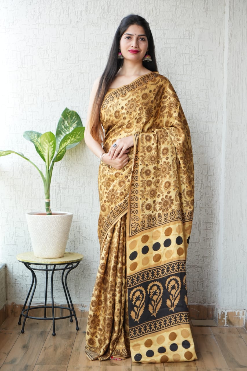 Ajrakh Hand Block Bagru Vanspati Printend Modal Silk Saree with Blouse (CID42)