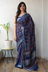 HAND BLOCK BLACK & WHITE PRINTED COTTON LINEN SAREE WITH BLOUSE(LCS87)