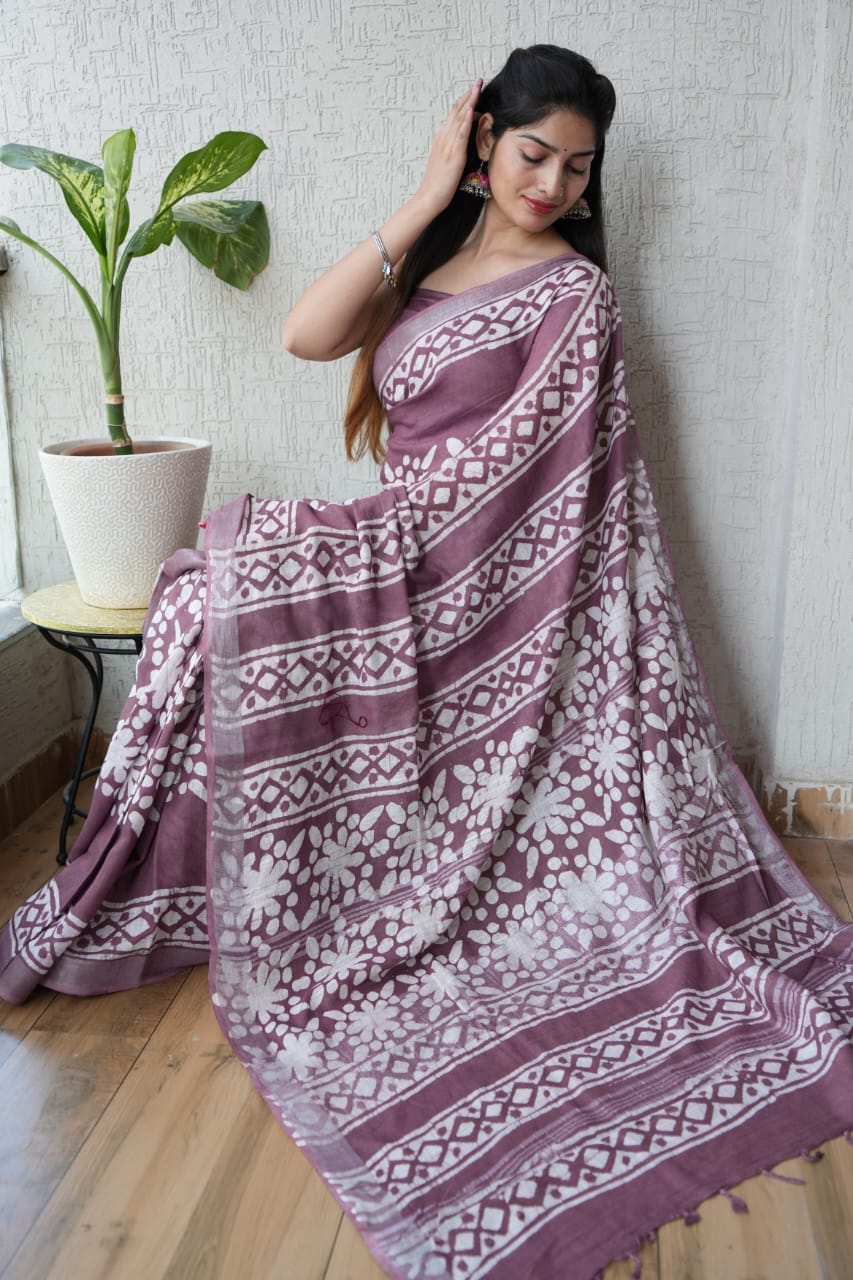 HAND BLOCK BLACK & WHITE PRINTED COTTON LINEN SAREE WITH BLOUSE(LCS88)