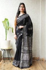 HAND BLOCK BLACK & WHITE PRINTED COTTON LINEN SAREE WITH BLOUSE(LCS89)