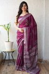 HAND BLOCK BLACK & WHITE PRINTED COTTON LINEN SAREE WITH BLOUSE(LCS91)