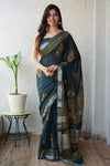 HAND BLOCK BLACK & WHITE PRINTED COTTON LINEN SAREE WITH BLOUSE(LCS92)