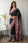 HAND BLOCK BLACK & WHITE PRINTED COTTON LINEN SAREE WITH BLOUSE(LCS97)