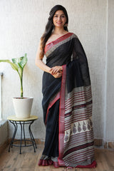 HAND BLOCK BLACK & WHITE PRINTED COTTON LINEN SAREE WITH BLOUSE(LCS96)