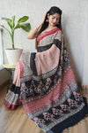 HAND BLOCK BLACK & WHITE PRINTED COTTON LINEN SAREE WITH BLOUSE(LCS107)