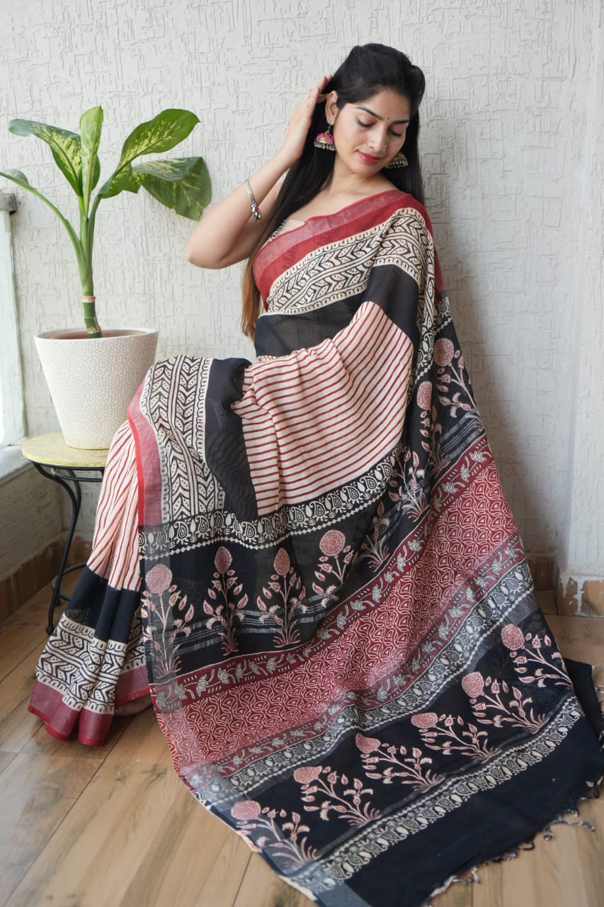 HAND BLOCK BLACK & WHITE PRINTED COTTON LINEN SAREE WITH BLOUSE(LCS107)