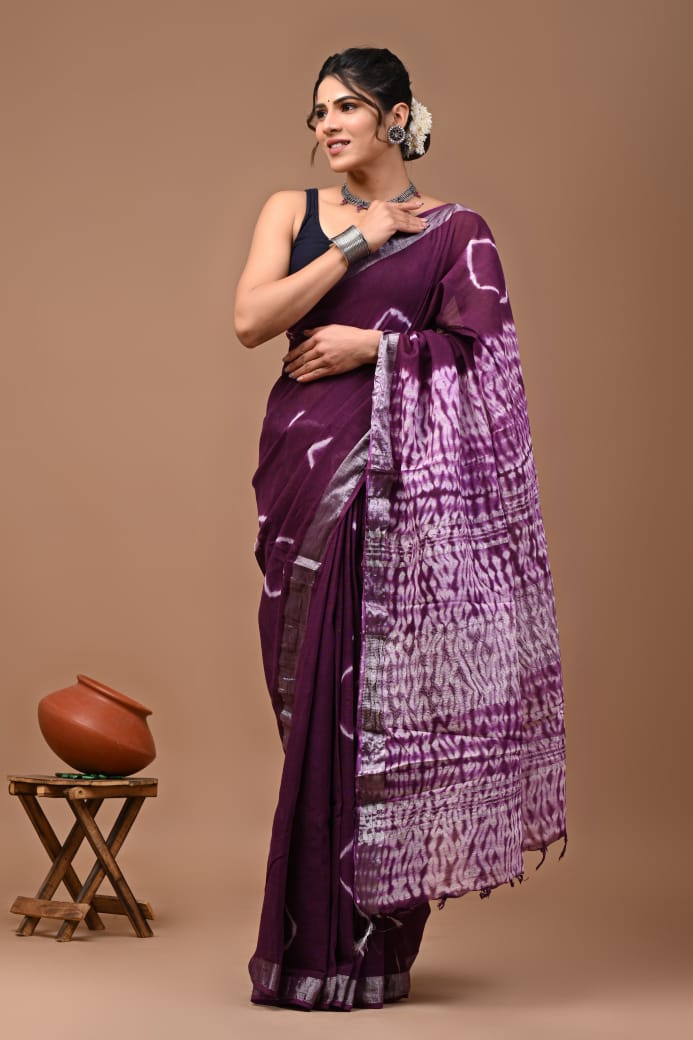 HAND BLOCK BLACK & WHITE PRINTED COTTON LINEN SAREE WITH BLOUSE(LCS113)