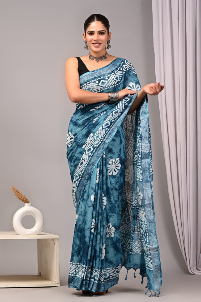HAND BLOCK BLACK & WHITE PRINTED COTTON LINEN SAREE WITH BLOUSE(LCS114)