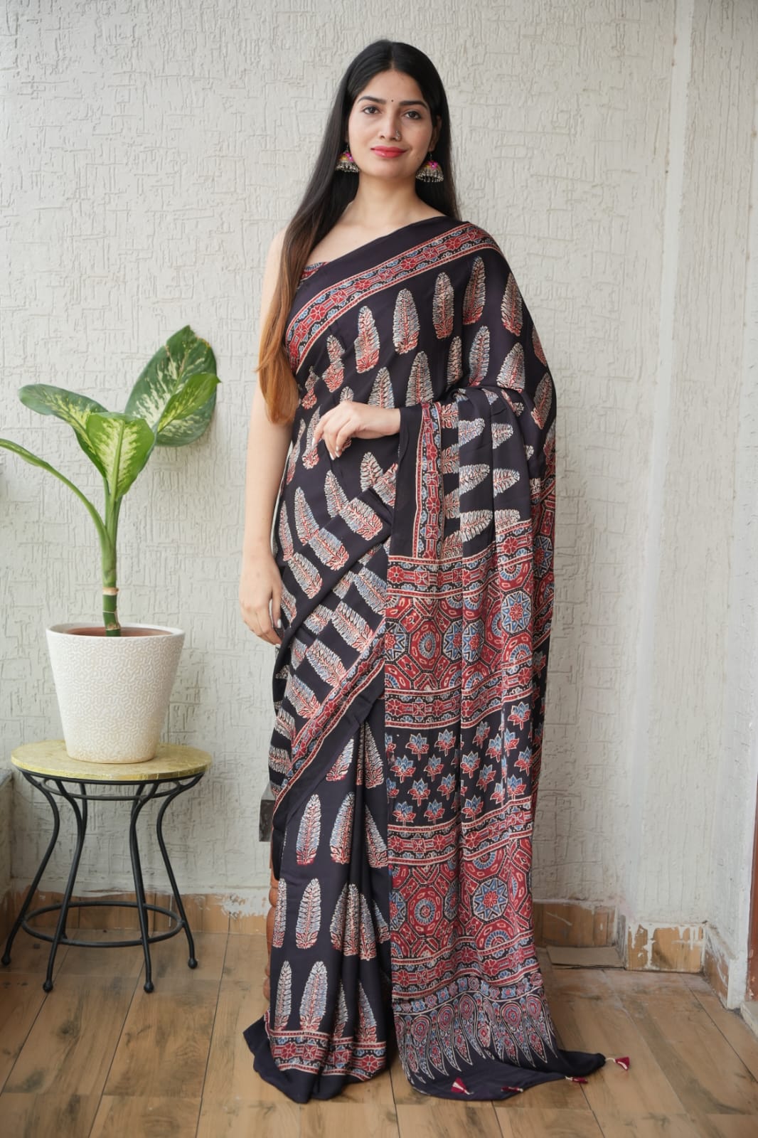 Ajrakh Hand Block Bagru Vanspati Printend Modal Silk Saree with Blouse (CID46)