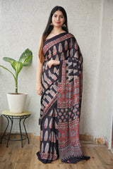 Ajrakh Hand Block Bagru Vanspati Printend Modal Silk Saree with Blouse (CID46)