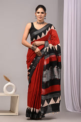 HAND BLOCK BLACK & WHITE PRINTED COTTON LINEN SAREE WITH BLOUSE(LCS123)