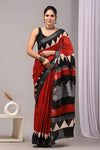HAND BLOCK BLACK & WHITE PRINTED COTTON LINEN SAREE WITH BLOUSE(LCS123)
