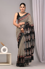 HAND BLOCK BLACK & WHITE PRINTED COTTON LINEN SAREE WITH BLOUSE(LCS126)