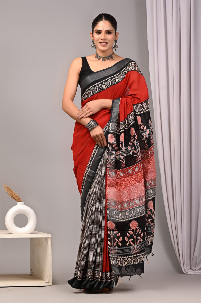 HAND BLOCK BLACK & WHITE PRINTED COTTON LINEN SAREE WITH BLOUSE(LCS124)