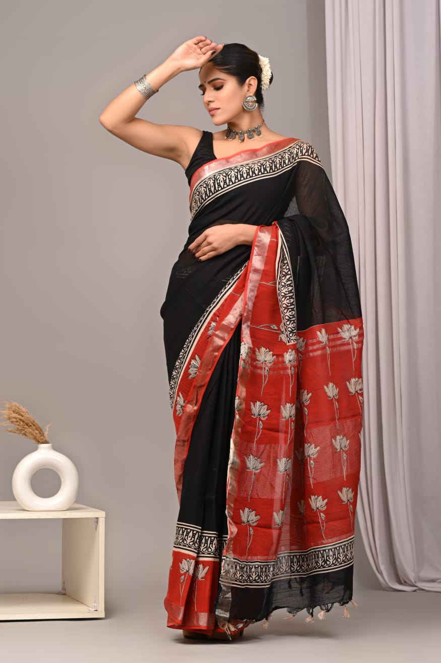 HAND BLOCK BLACK & WHITE PRINTED COTTON LINEN SAREE WITH BLOUSE(LCS125)