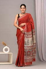 HAND BLOCK BLACK & WHITE PRINTED COTTON LINEN SAREE WITH BLOUSE(LCS68)