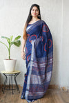 HAND BLOCK BLACK & WHITE PRINTED COTTON LINEN SAREE WITH BLOUSE(LCS110)