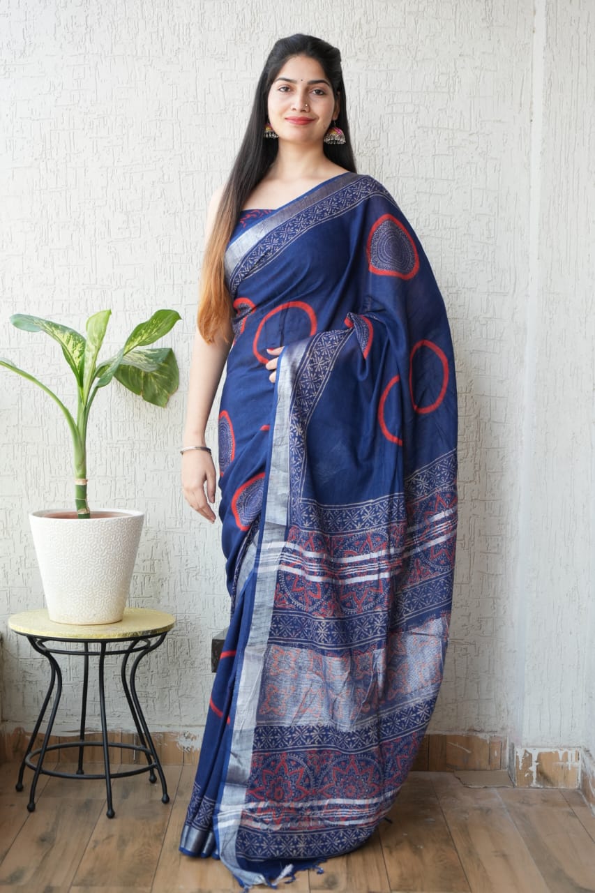 HAND BLOCK BLACK & WHITE PRINTED COTTON LINEN SAREE WITH BLOUSE(LCS110)