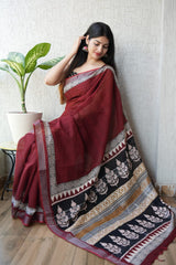 HAND BLOCK BLACK & WHITE PRINTED COTTON LINEN SAREE WITH BLOUSE(LCS115)