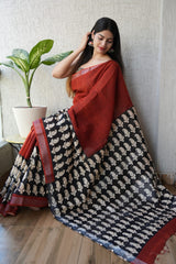 HAND BLOCK BLACK & WHITE PRINTED COTTON LINEN SAREE WITH BLOUSE(LCS117)