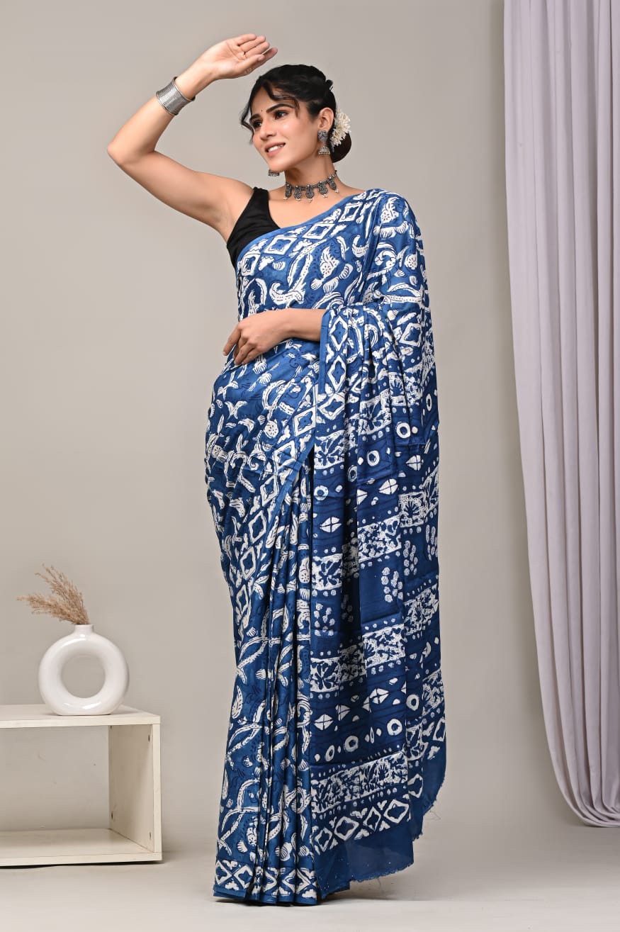 Ajrakh Hand Block Bagru Vanspati Printend Modal Silk Saree with Blouse (CID73)