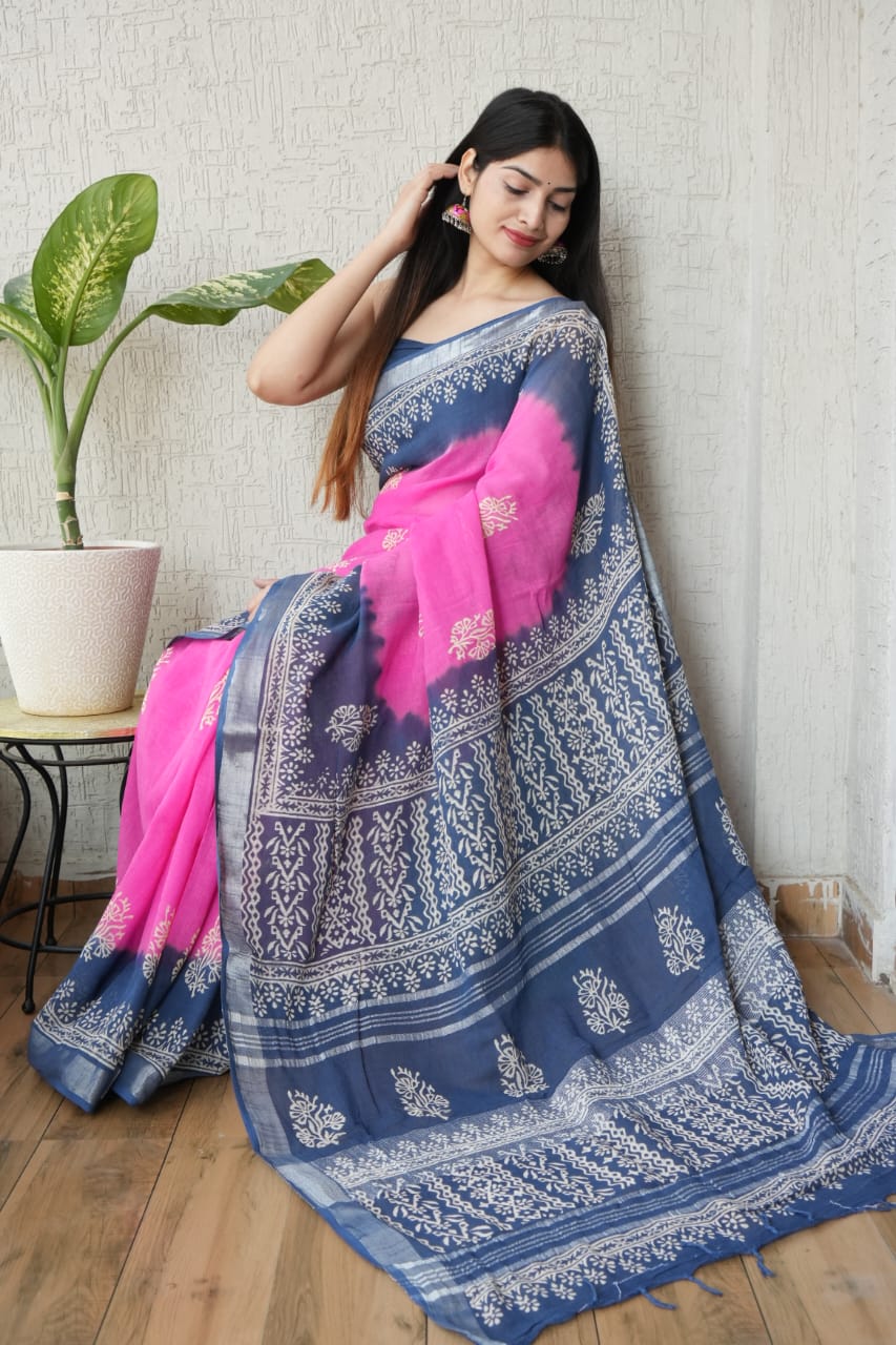 HAND BLOCK BLACK & WHITE PRINTED COTTON LINEN SAREE WITH BLOUSE(LCS128)