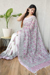 HAND BLOCK BLACK & WHITE PRINTED COTTON LINEN SAREE WITH BLOUSE(LCS132)
