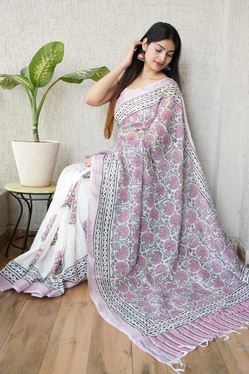 HAND BLOCK BLACK & WHITE PRINTED COTTON LINEN SAREE WITH BLOUSE(LCS132)