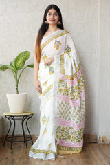 HAND BLOCK BLACK & WHITE PRINTED COTTON LINEN SAREE WITH BLOUSE(LCS133)